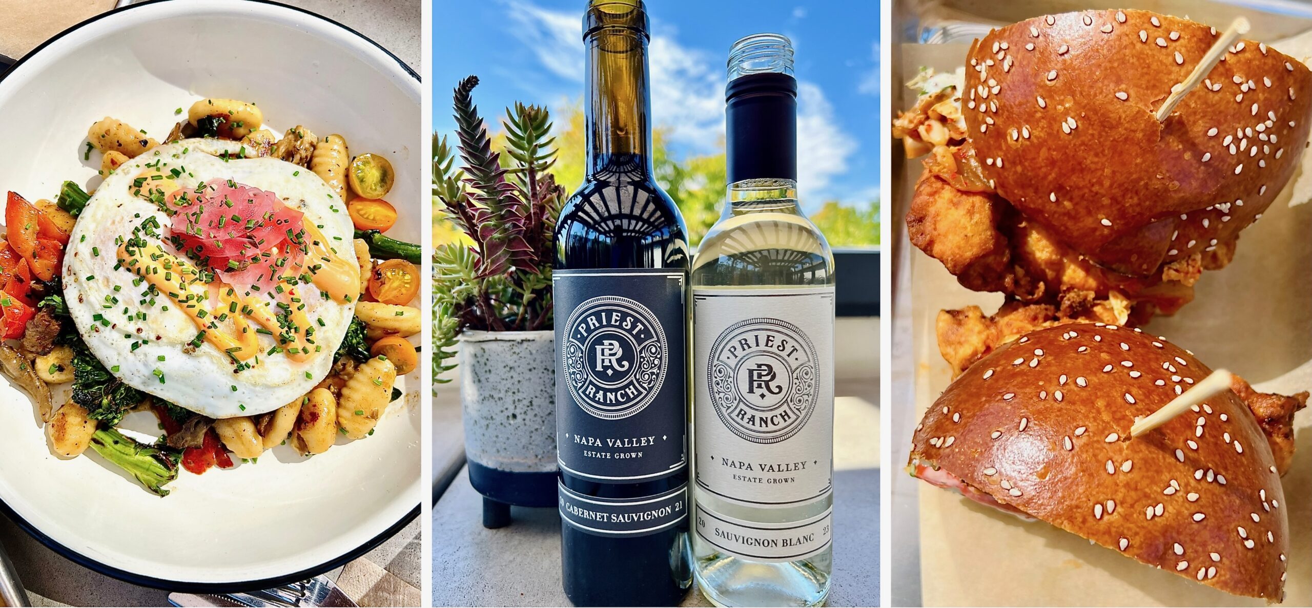 Two menu items and wine bottles.